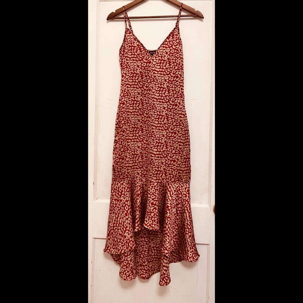 PrettyLittleThing; PLT; Red Leopard Print Frill Hem Midi Dress; Size: US 4 - Picture 4 of 4